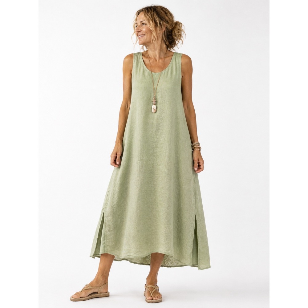 Match Point Linen Maxi Dress L Green Sleeveless Side Slit A-Line Scoop Neck